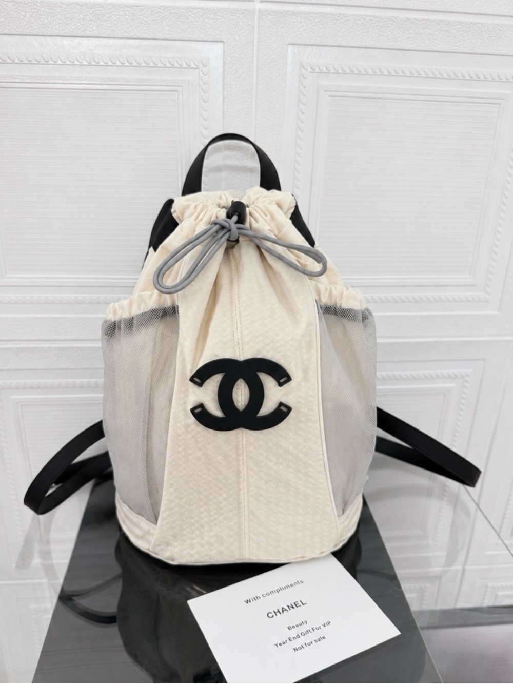 Chanel Beauty Drawstring Mesh Side Pockets Backpack Makeup Lightweight Bag